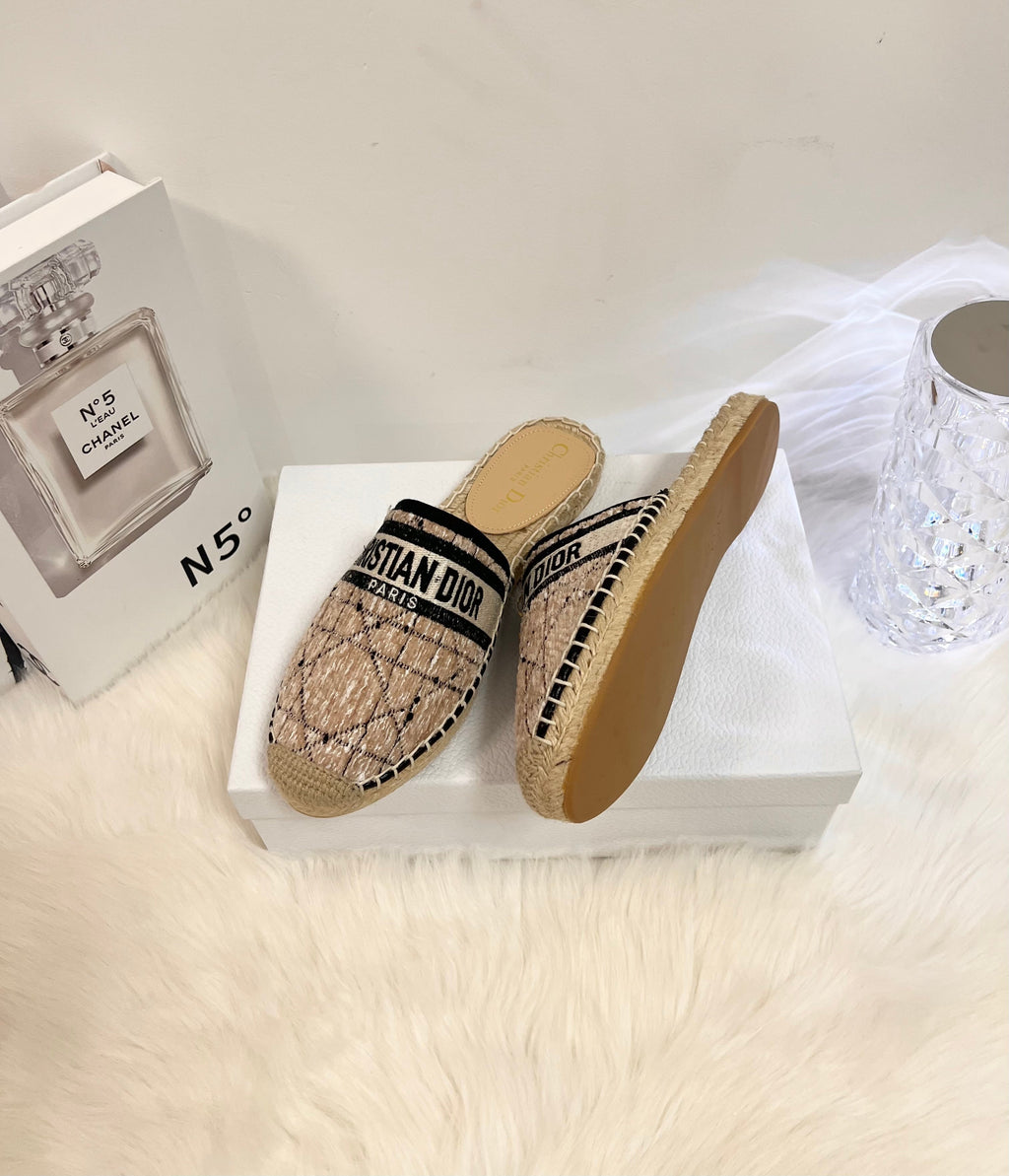 Dior Granville Espadrille Camel Beige Oblique Embroidered Cotton Mule
