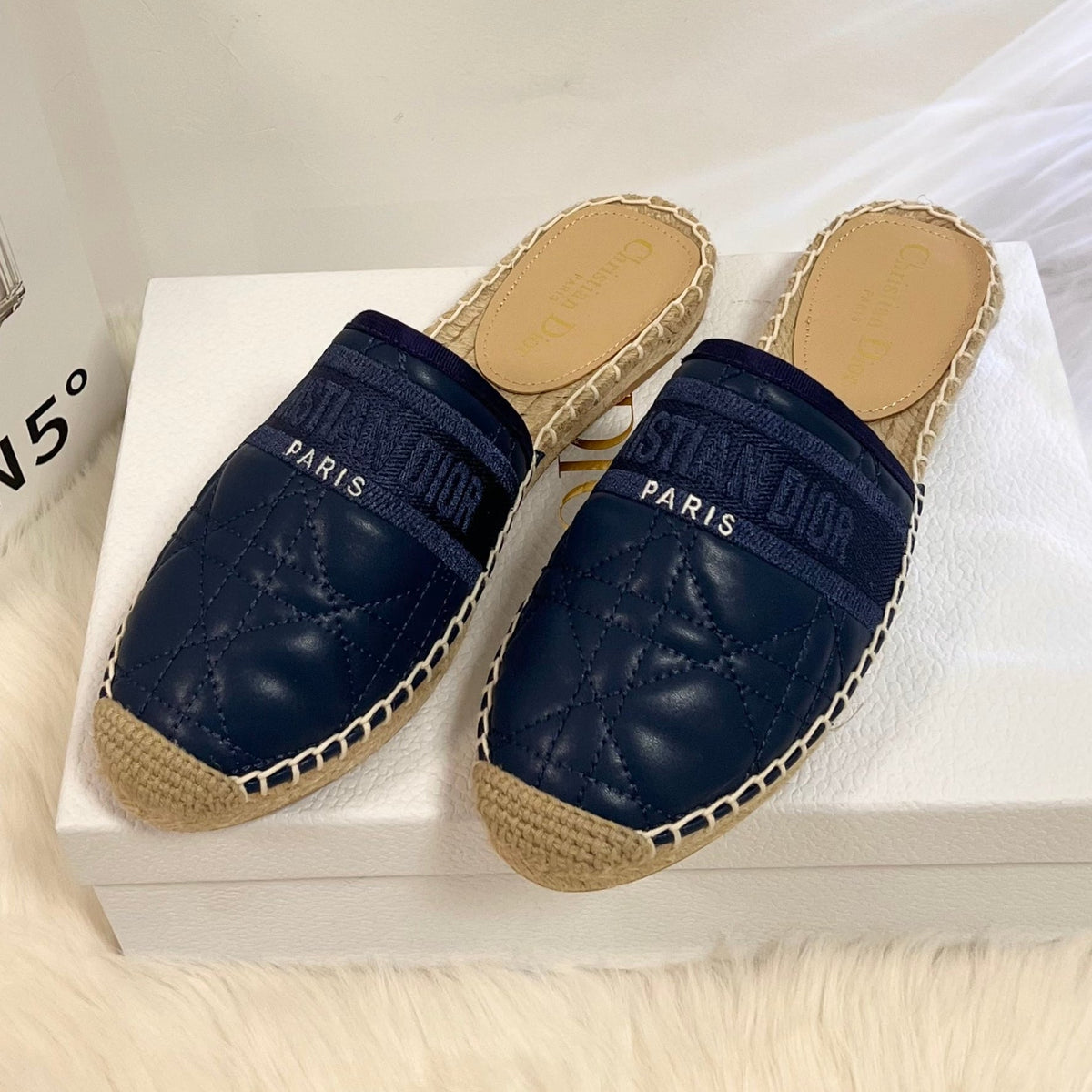 Dior Granville Espadrille Mule Navy Blue Quilted Cannage Calfskin