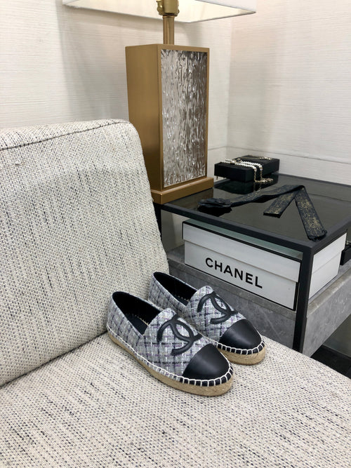 Chanel Espadrille Colorful Tweed Fabric and Black Calfskin Flats