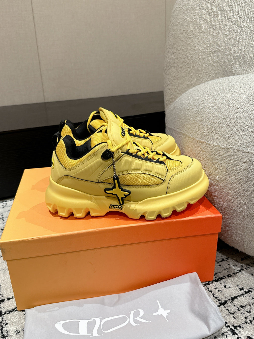 Dior Sneaker in Lemon Yellow Calfskin and Breathable Mesh 175309