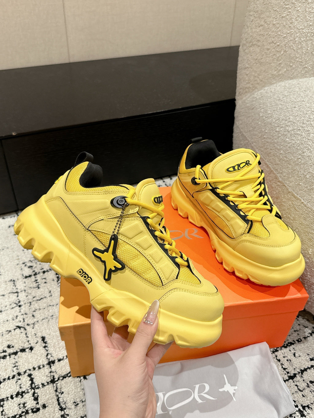 Dior Sneaker in Lemon Yellow Calfskin and Breathable Mesh 175309