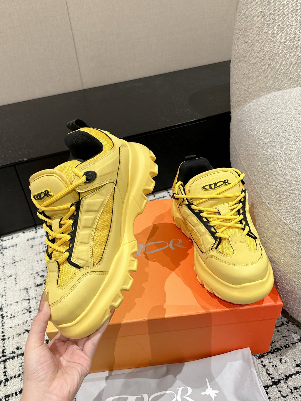 Dior Sneaker in Lemon Yellow Calfskin and Breathable Mesh 175309