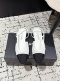 Chanel Slingback 25S in White Fabric and Black Calfskin Canvas