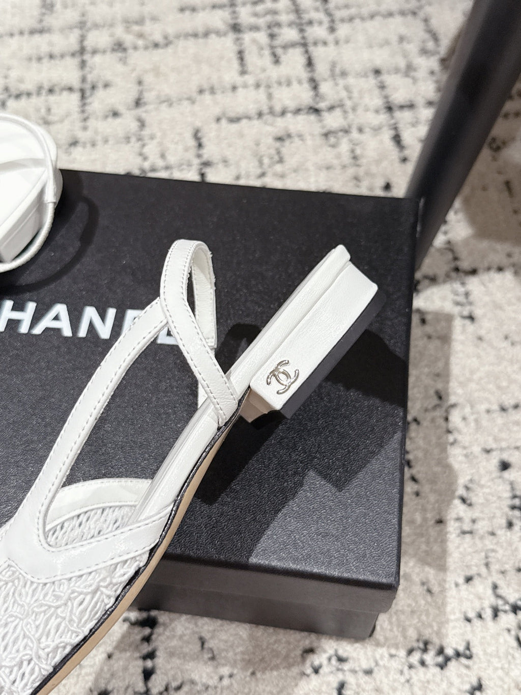 Chanel Slingback 25S in White Fabric and Black Calfskin Canvas