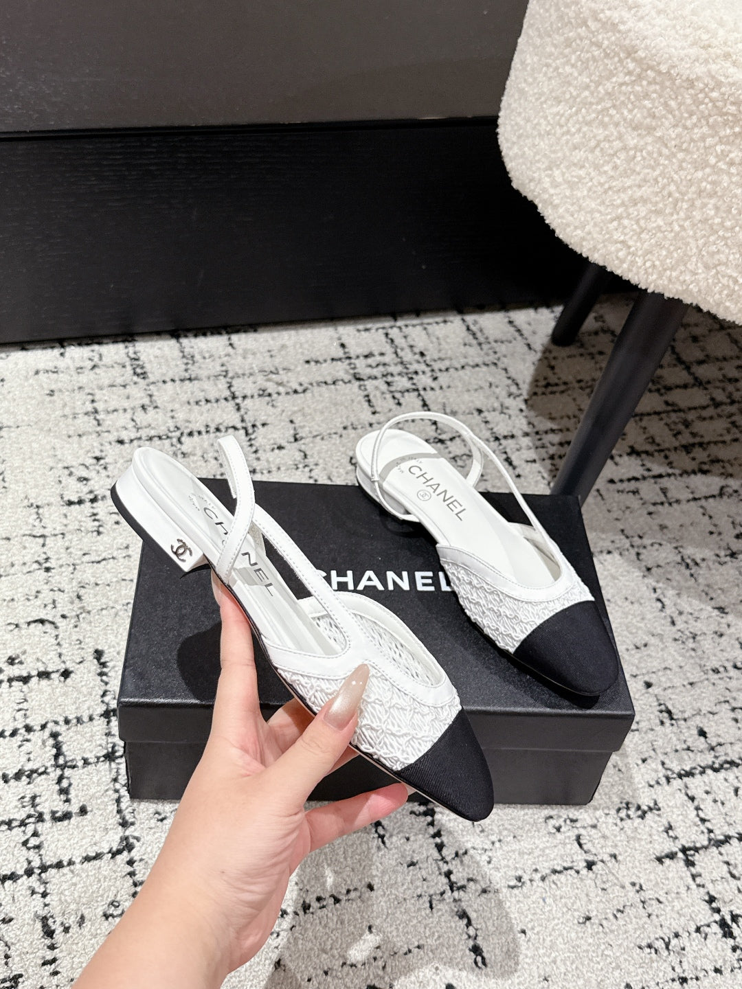 Chanel Slingback 25S in White Fabric and Black Calfskin Canvas