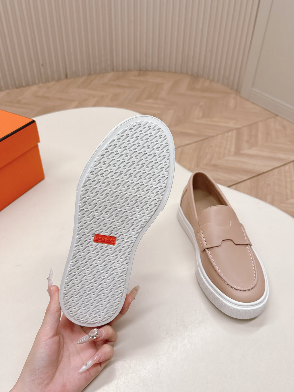 Hermes 25S Slip-On in Soft Nude Pink Lambskin