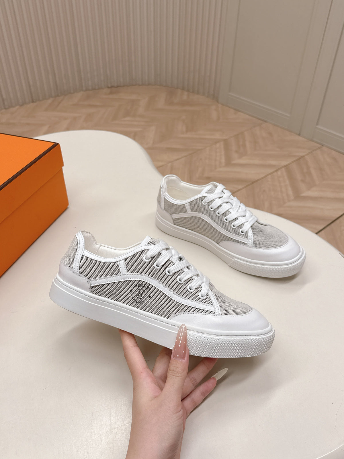Hermes 25S Sneaker Low Sports in Grey Canvas Mix White Lambskin