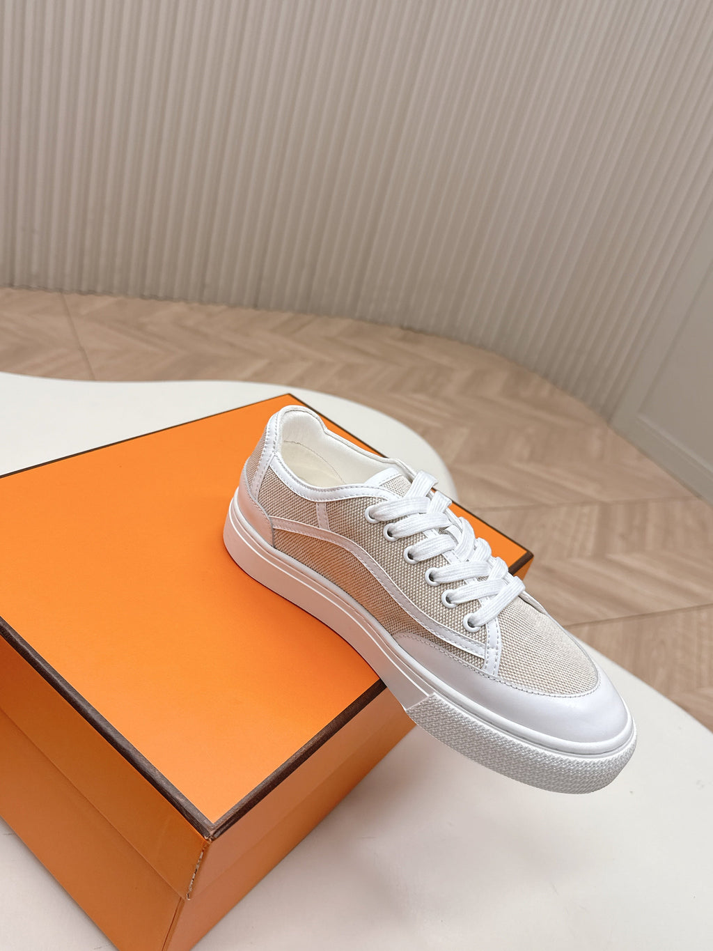 Hermes 25S Sneaker Low Sports in Beige Canvas Mix White Lambskin