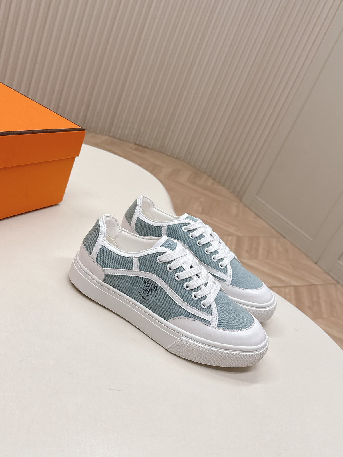 Hermes 25S Sneaker Low Sports in Blue Denim Mix White Lambskin