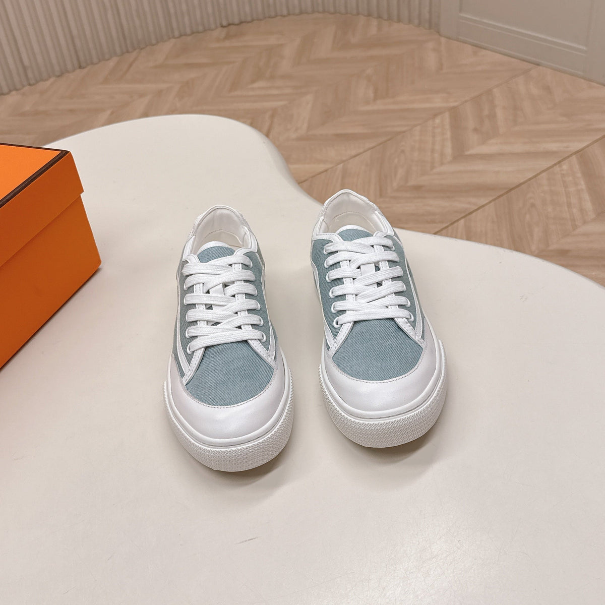 Hermes 25S Sneaker Low Sports in Blue Denim Mix White Lambskin