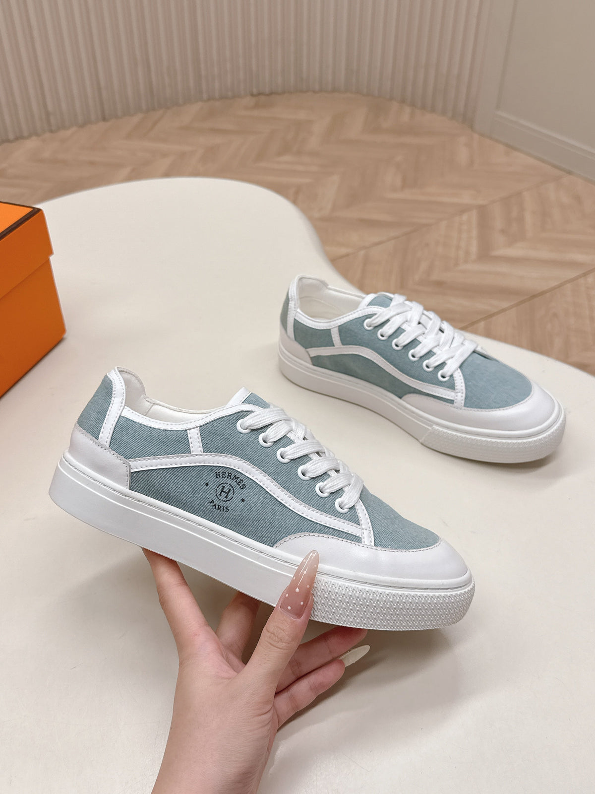 Hermes 25S Sneaker Low Sports in Blue Denim Mix White Lambskin