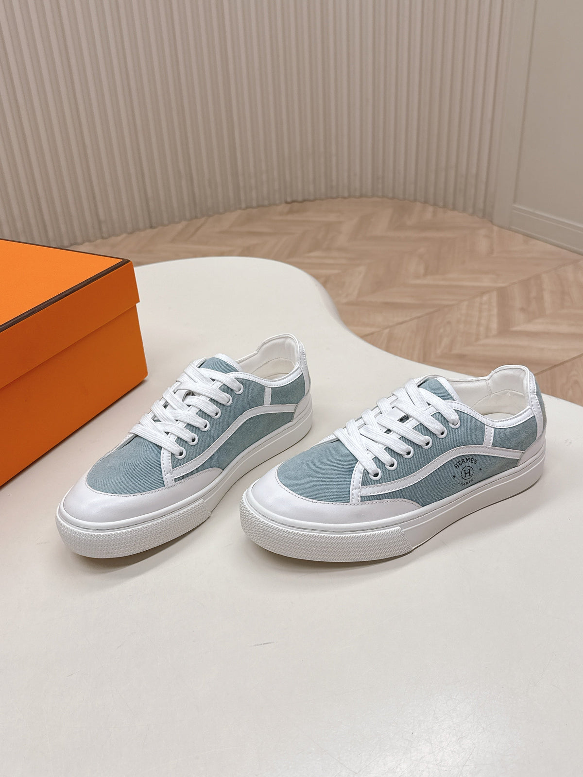 Hermes 25S Sneaker Low Sports in Blue Denim Mix White Lambskin