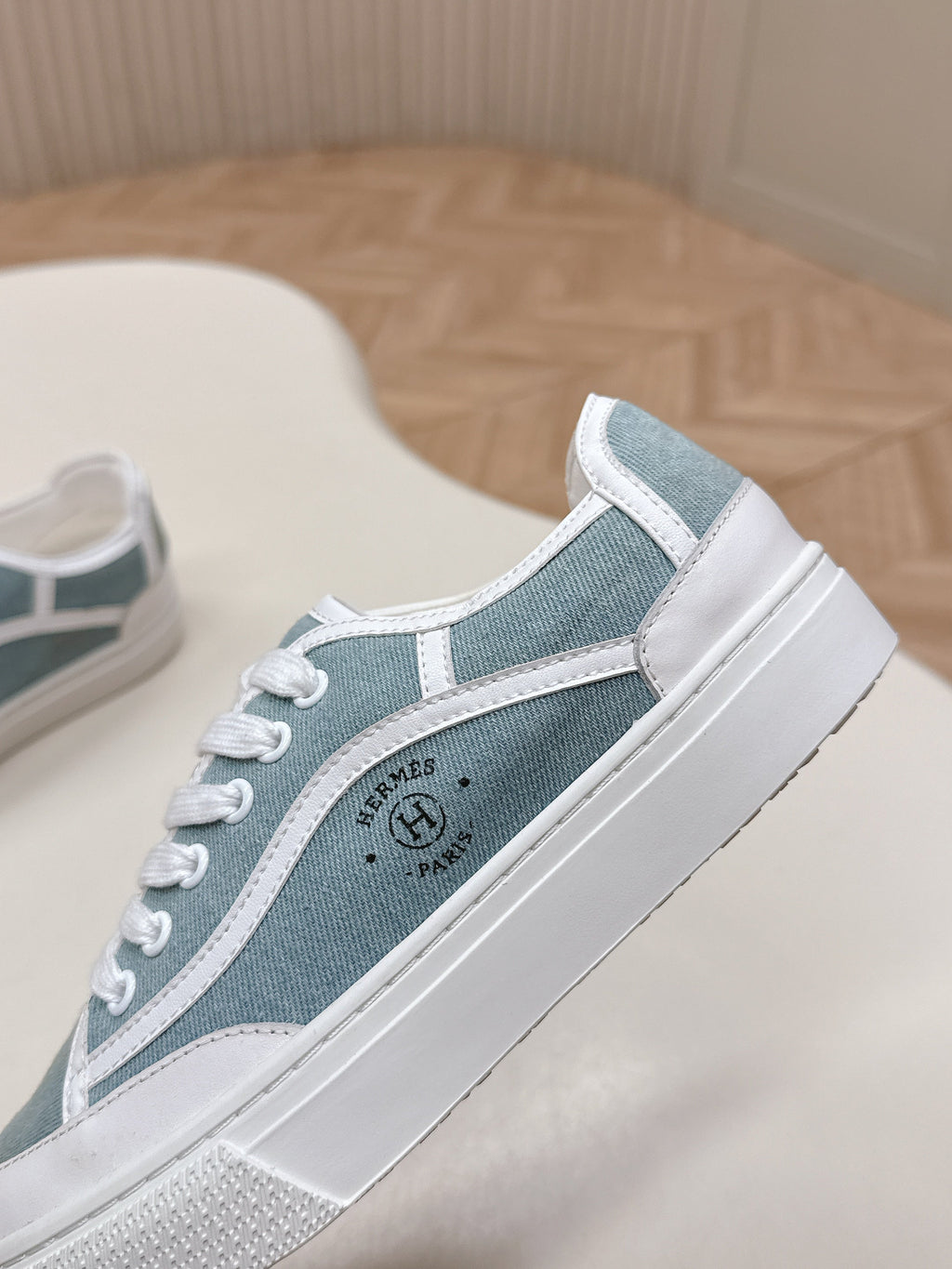 Hermes 25S Sneaker Low Sports in Blue Denim Mix White Lambskin