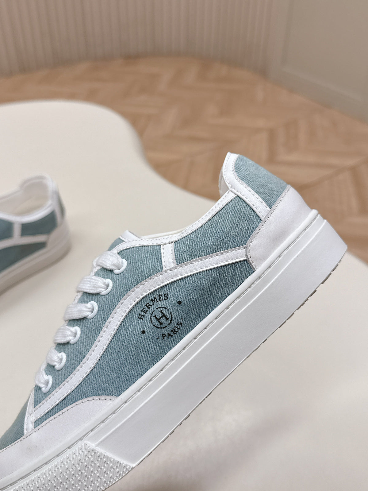 Hermes 25S Sneaker Low Sports in Blue Denim Mix White Lambskin