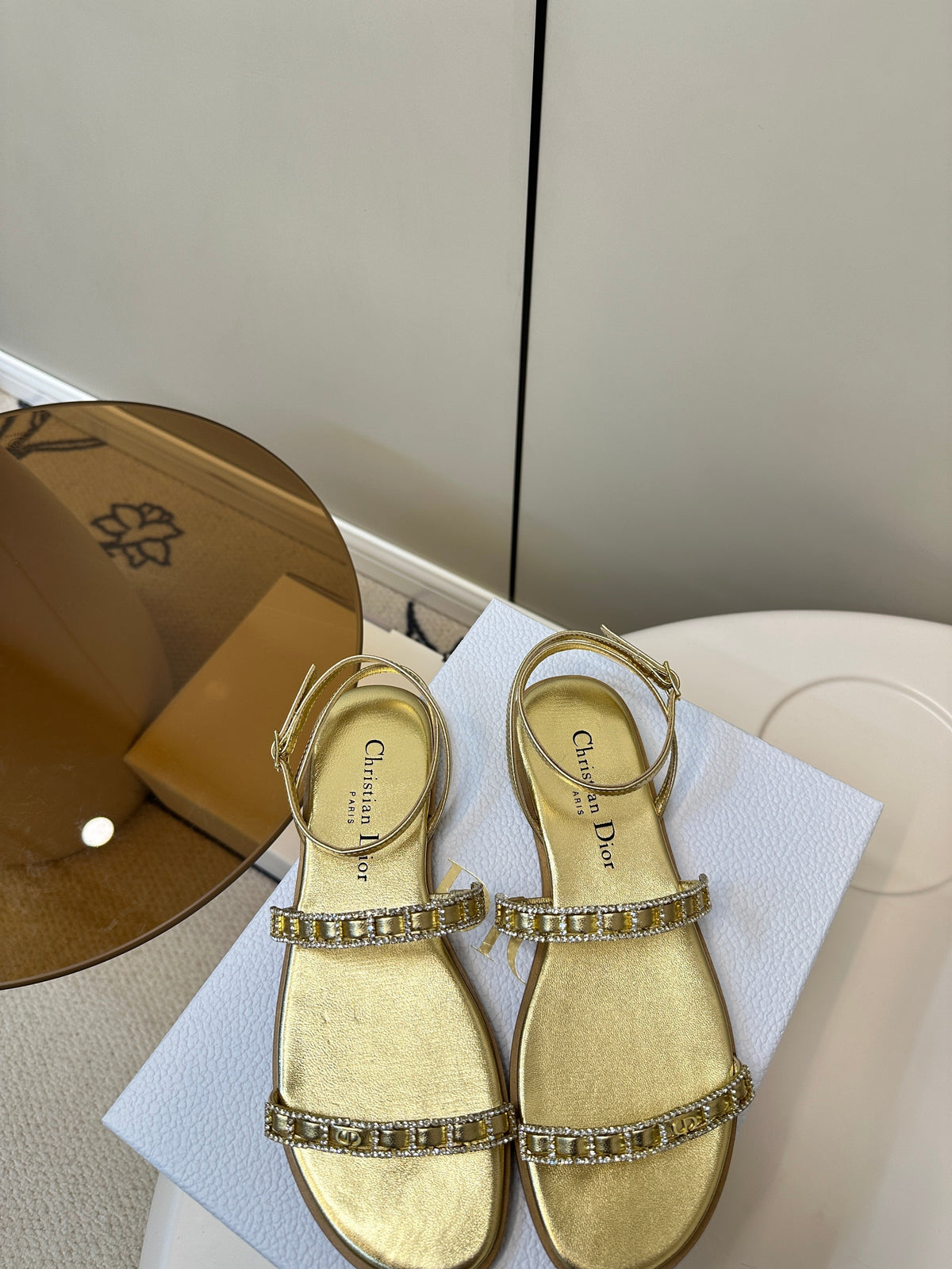 Dior Flat Sandals 25S in Shiny Gold Calfskin Rhinestones Strap