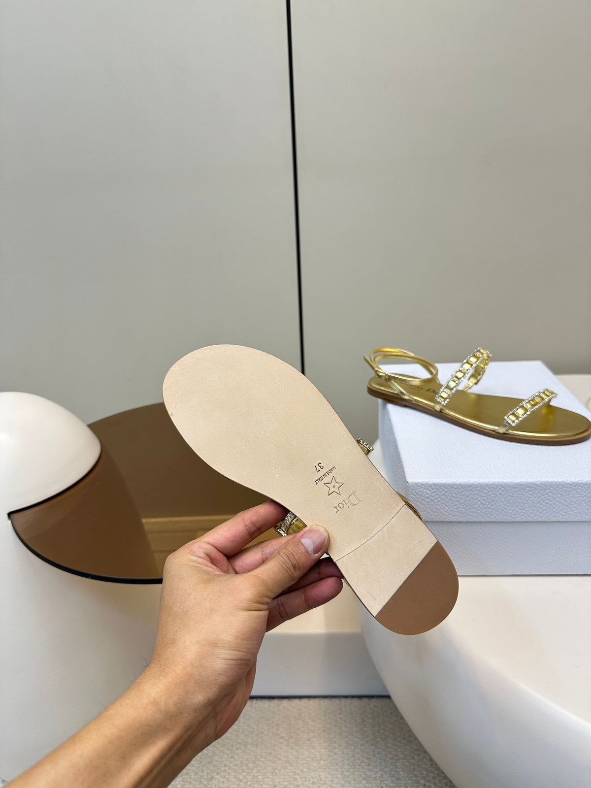 Dior Flat Sandals 25S in Shiny Gold Calfskin Rhinestones Strap