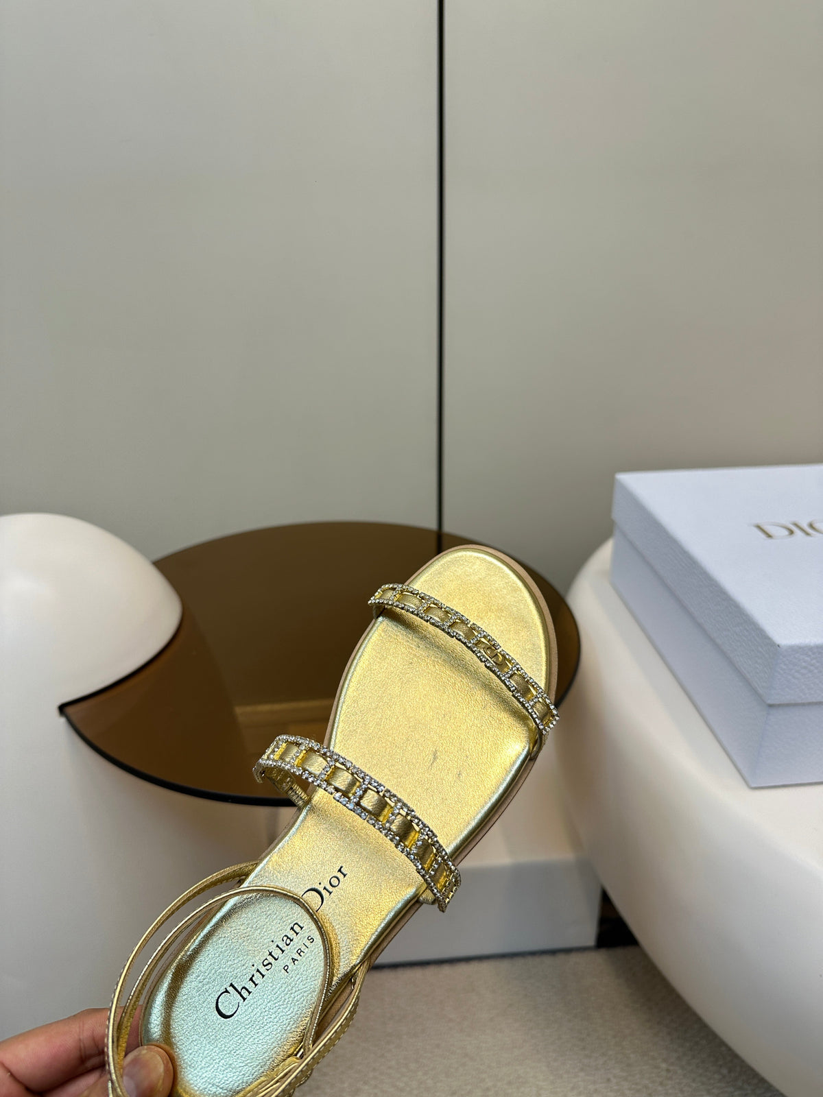 Dior Flat Sandals 25S in Shiny Gold Calfskin Rhinestones Strap