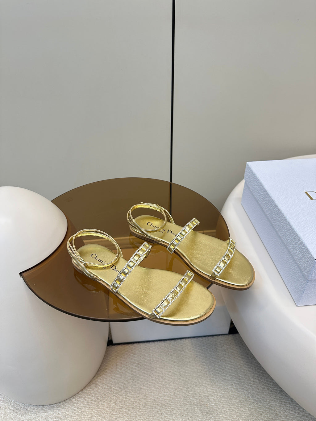 Dior Flat Sandals 25S in Shiny Gold Calfskin Rhinestones Strap