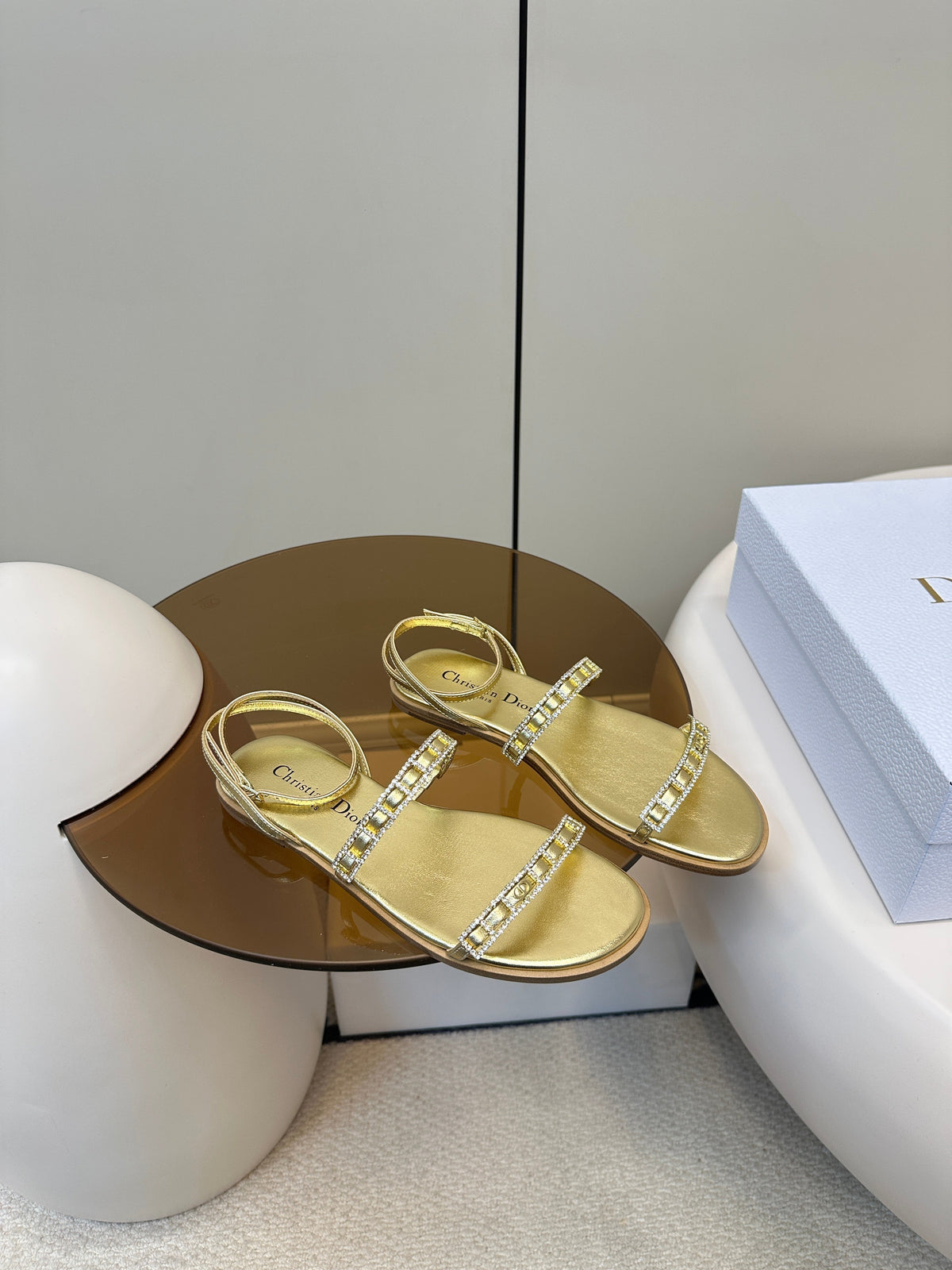Dior Flat Sandals 25S in Shiny Gold Calfskin Rhinestones Strap