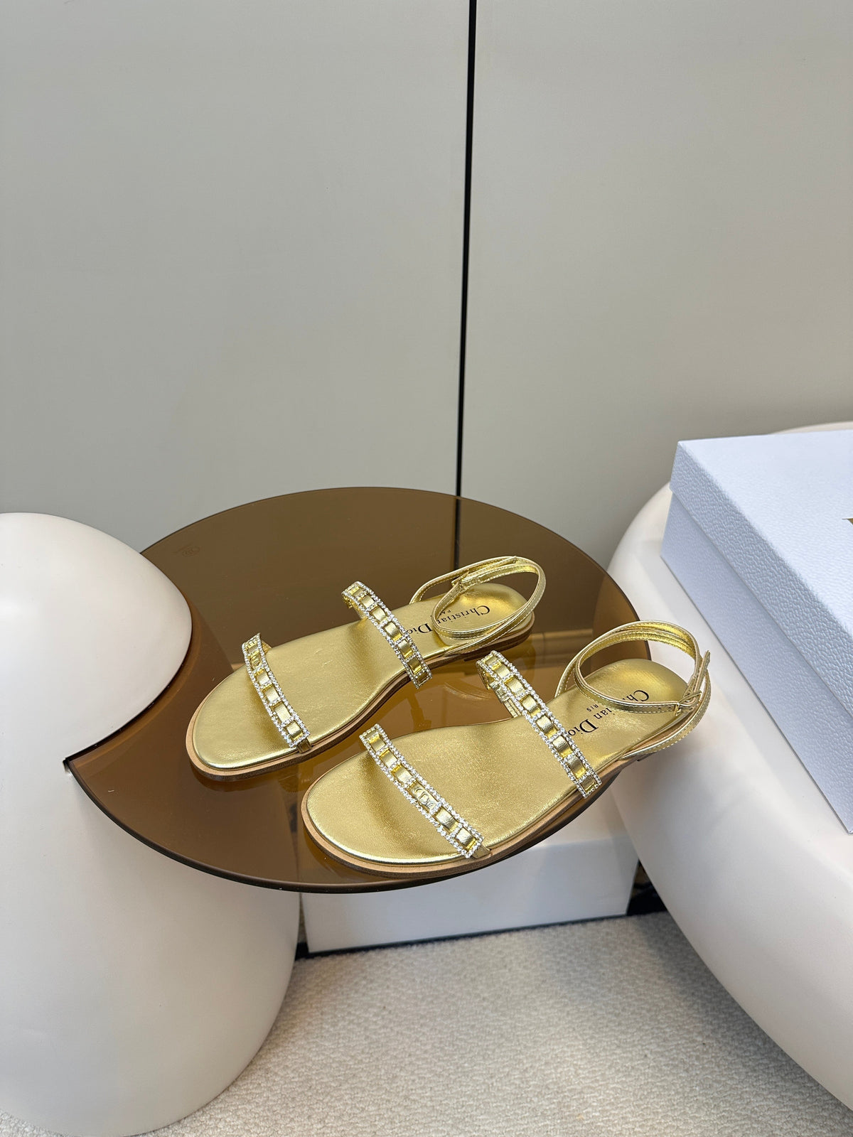 Dior Flat Sandals 25S in Shiny Gold Calfskin Rhinestones Strap