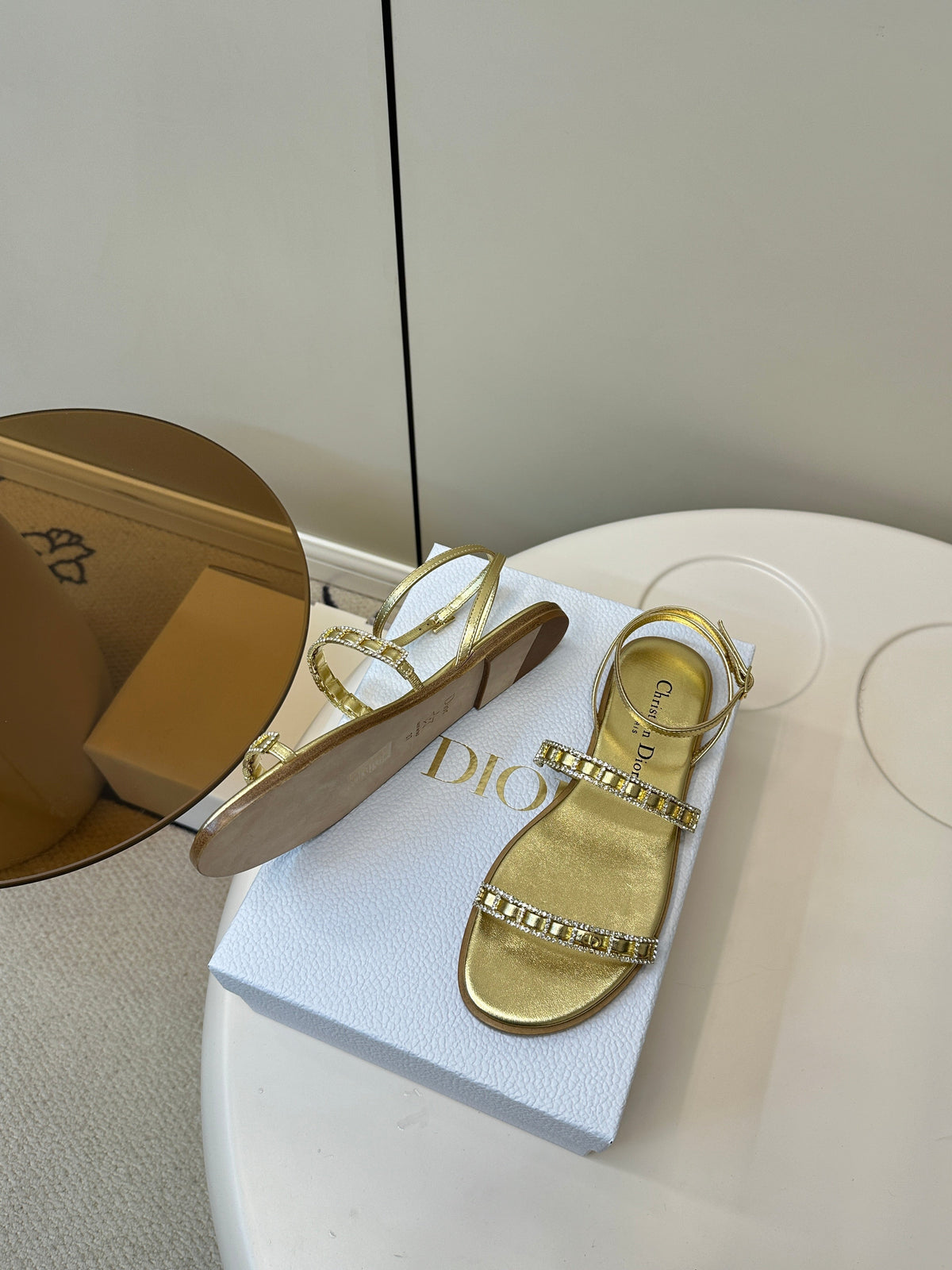 Dior Flat Sandals 25S in Shiny Gold Calfskin Rhinestones Strap