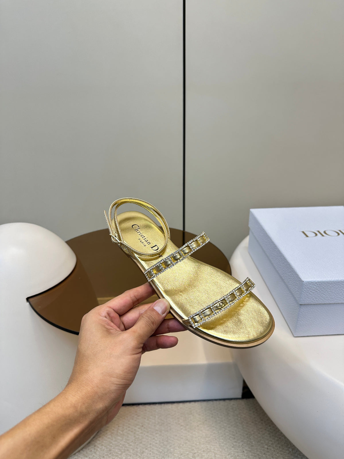 Dior Flat Sandals 25S in Shiny Gold Calfskin Rhinestones Strap
