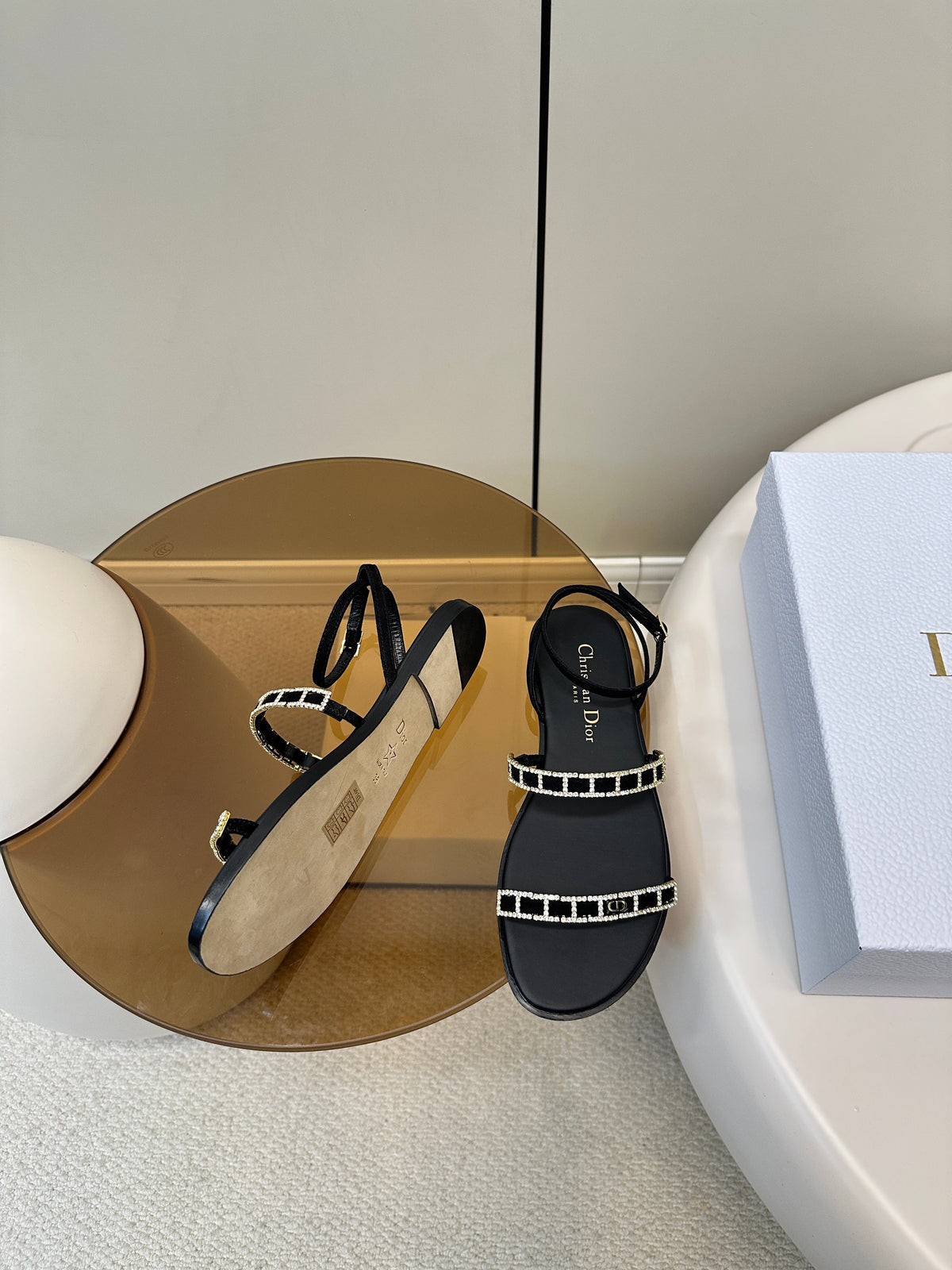 Dior Flat Sandals 25S in Black Calfskin Rhinestones Strap