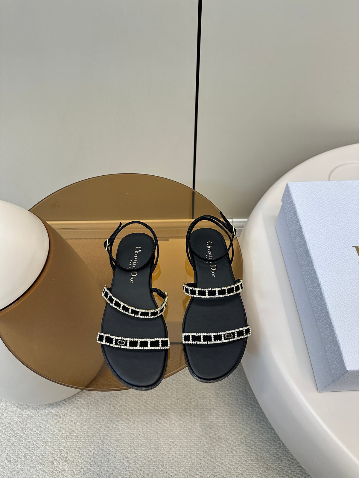 Dior Flat Sandals 25S in Black Calfskin Rhinestones Strap