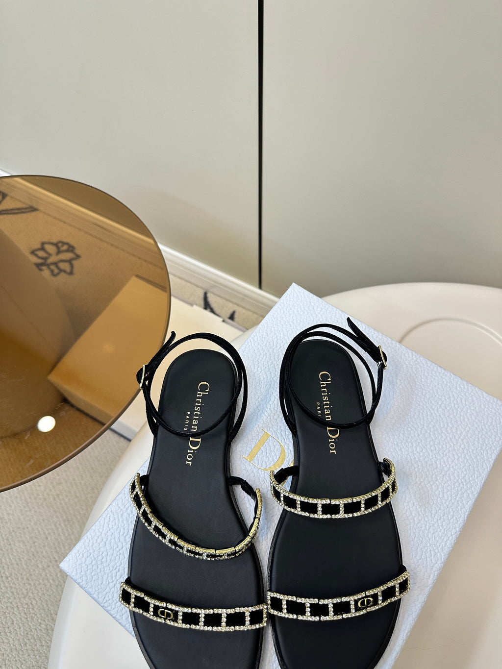 Dior Flat Sandals 25S in Black Calfskin Rhinestones Strap
