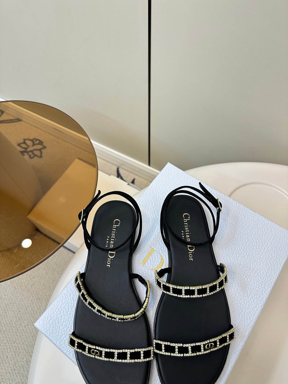 Dior Flat Sandals 25S in Black Calfskin Rhinestones Strap
