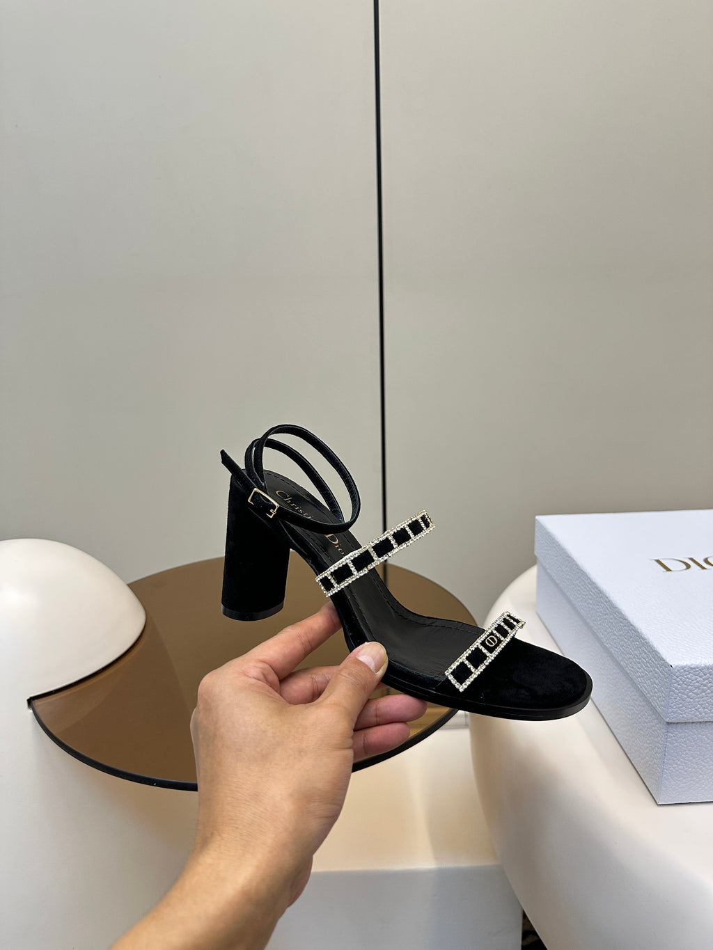 Dior High Heel 25S Sandals 85mm in Black Calfskin Rhinestones Strap