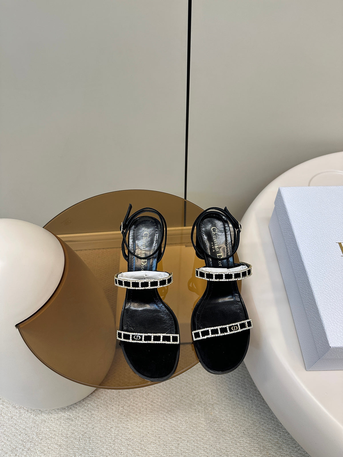 Dior High Heel 25S Sandals 85mm in Black Calfskin Rhinestones Strap