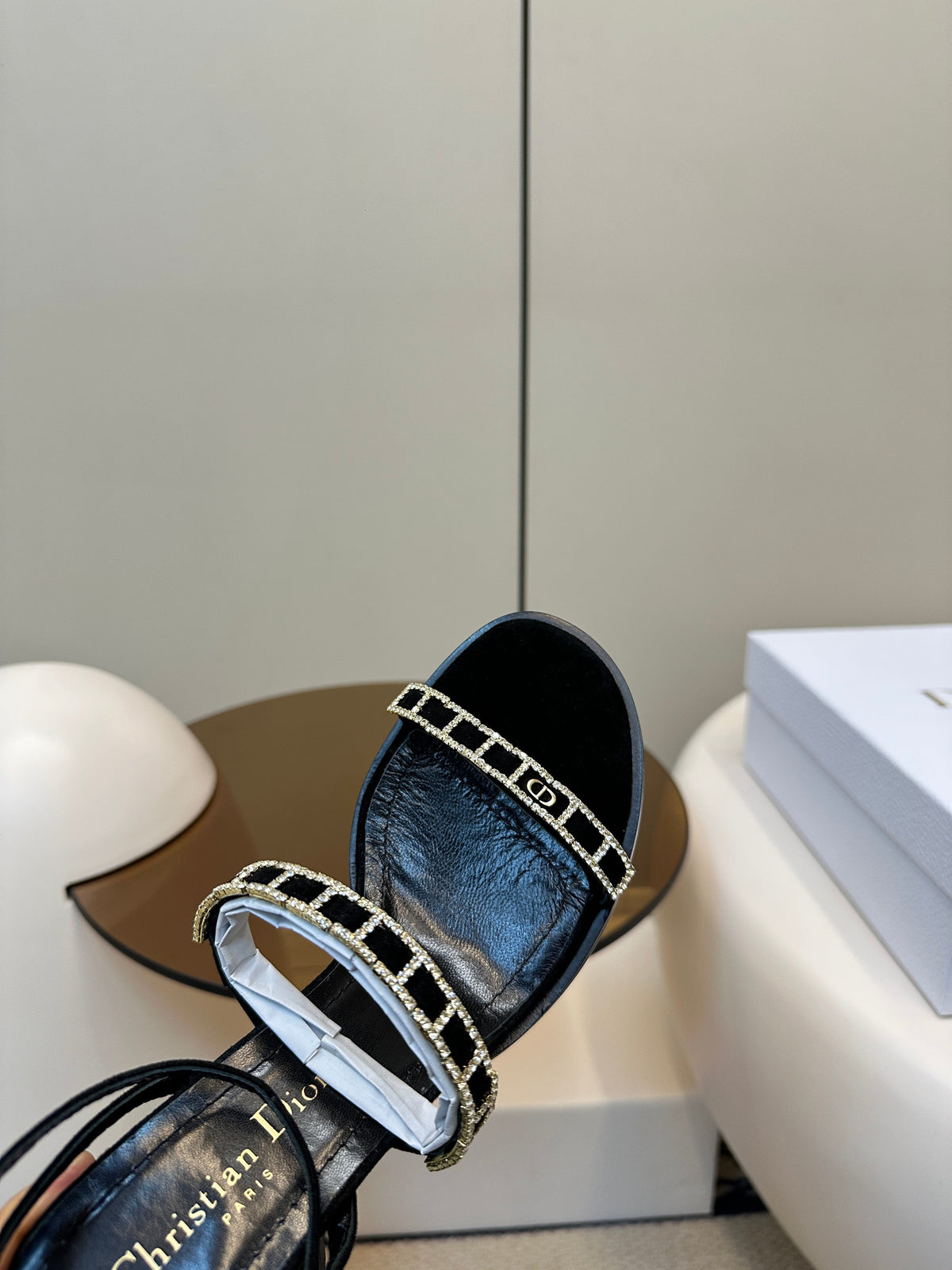 Dior High Heel 25S Sandals 85mm in Black Calfskin Rhinestones Strap