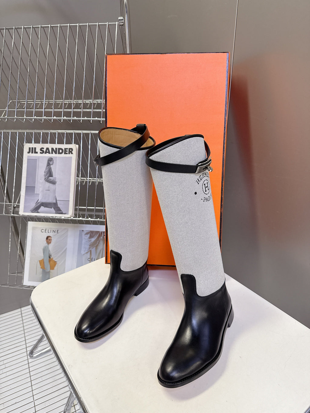 Hermes 25S Jumping Boot in Black Lambskin and Grey Canvas with Silver Hardware