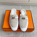 Hermes 25S Catena Mule in Beige Shearling and White Lambskin with Silver Hardware