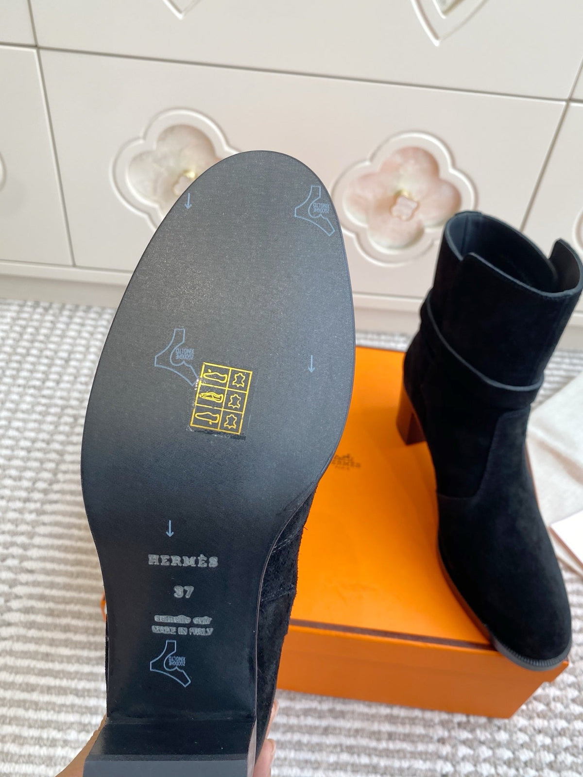 Hermes 25S Frenchie 50 Ankle Boot 50 mm in Black Suede with Silver Hardware