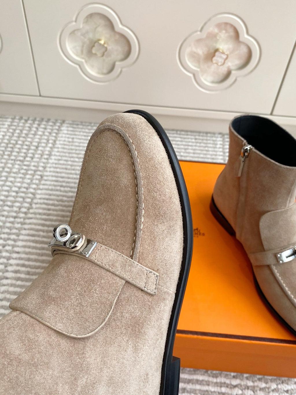 Hermes 25S Kelsy Ankle Boot in Earthy Brown-Gray Suede with Silver Hardware