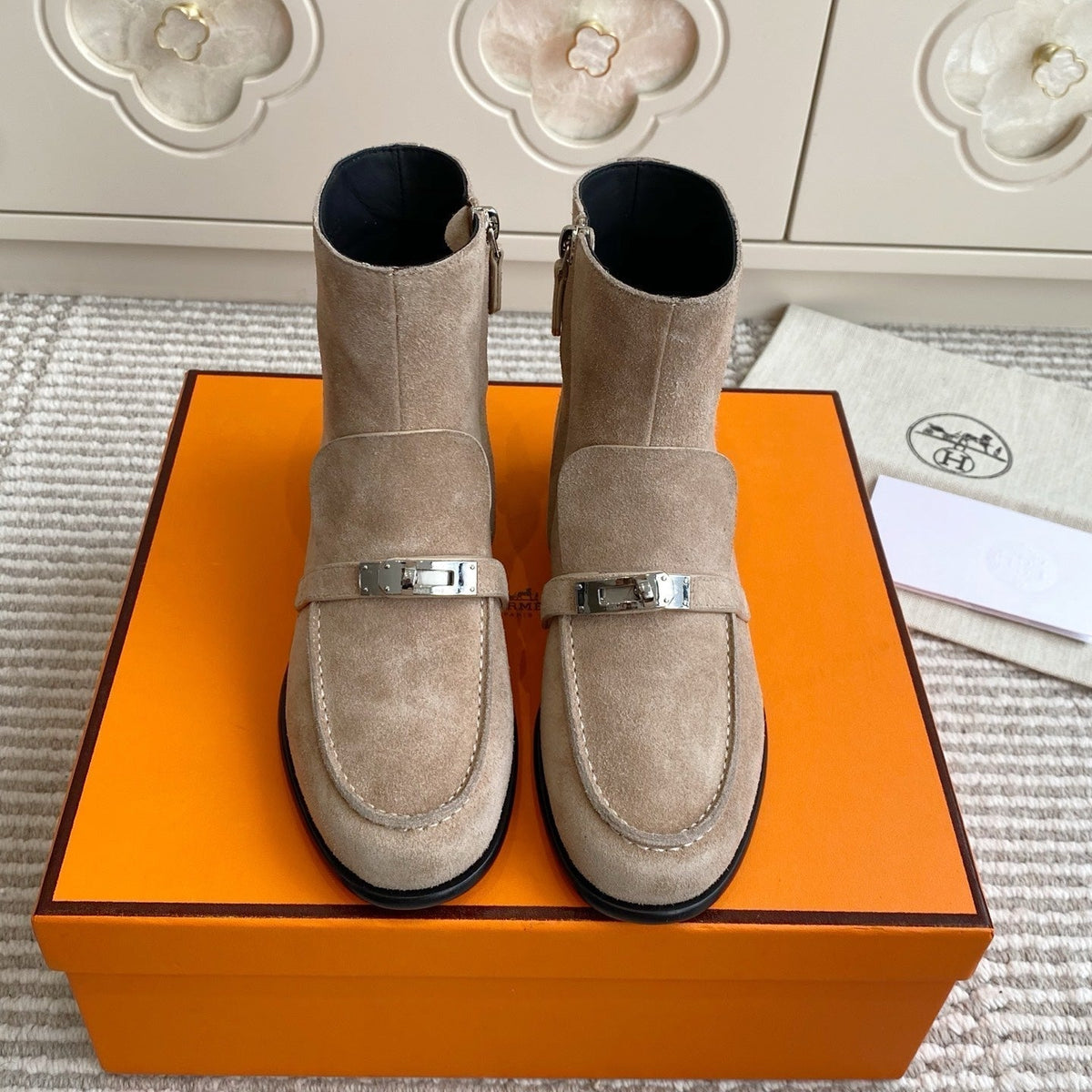 Hermes 25S Kelsy Ankle Boot in Earthy Brown-Gray Suede with Silver Hardware
