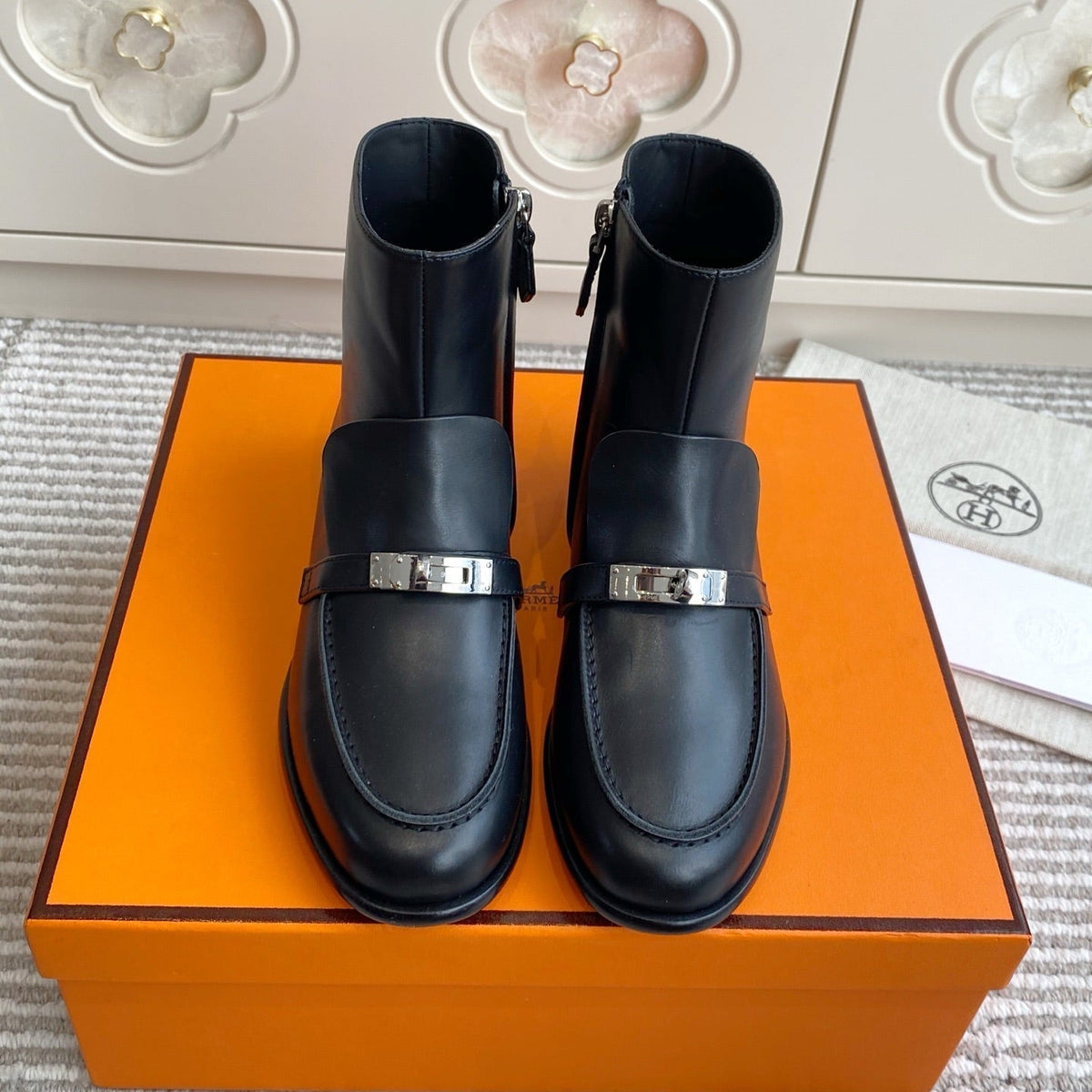 Hermes 25S Kelsy Ankle Boot in Black Lambskin with Silver Hardware