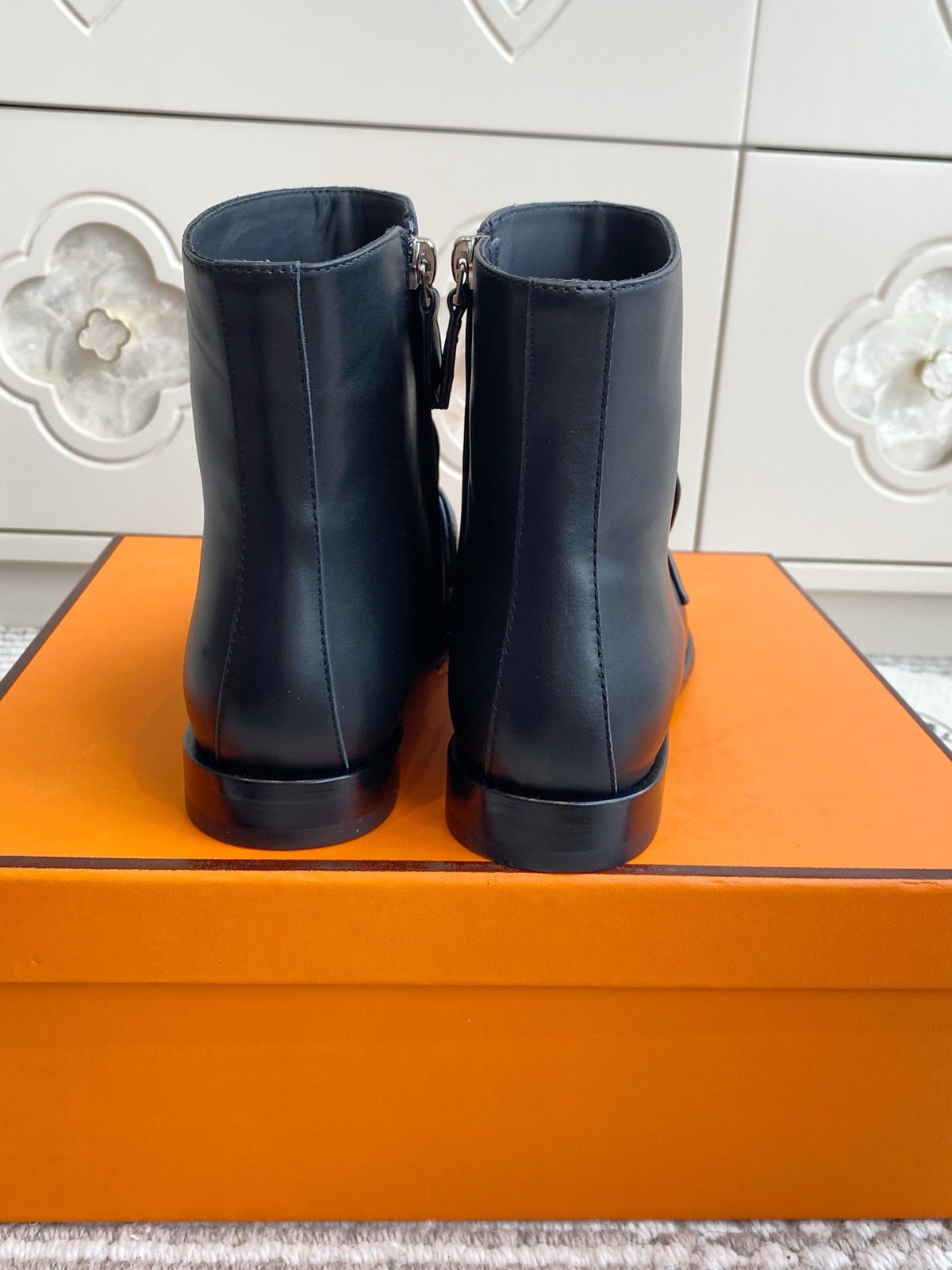 Hermes 25S Kelsy Ankle Boot in Black Lambskin with Silver Hardware