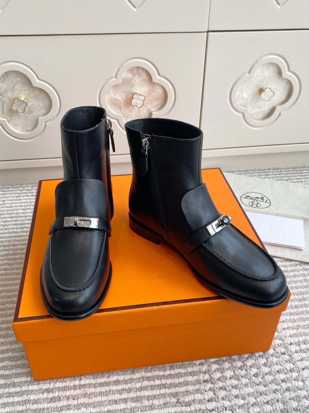 Hermes 25S Kelsy Ankle Boot in Black Lambskin with Silver Hardware