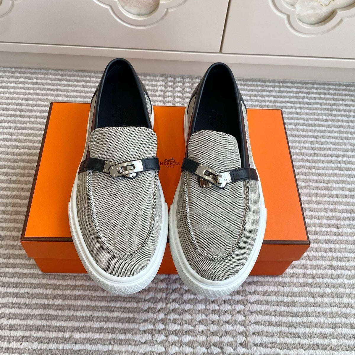 Hermes 25S Slip-On in Grey Canvas and Black Lambskin with Silver Hardware