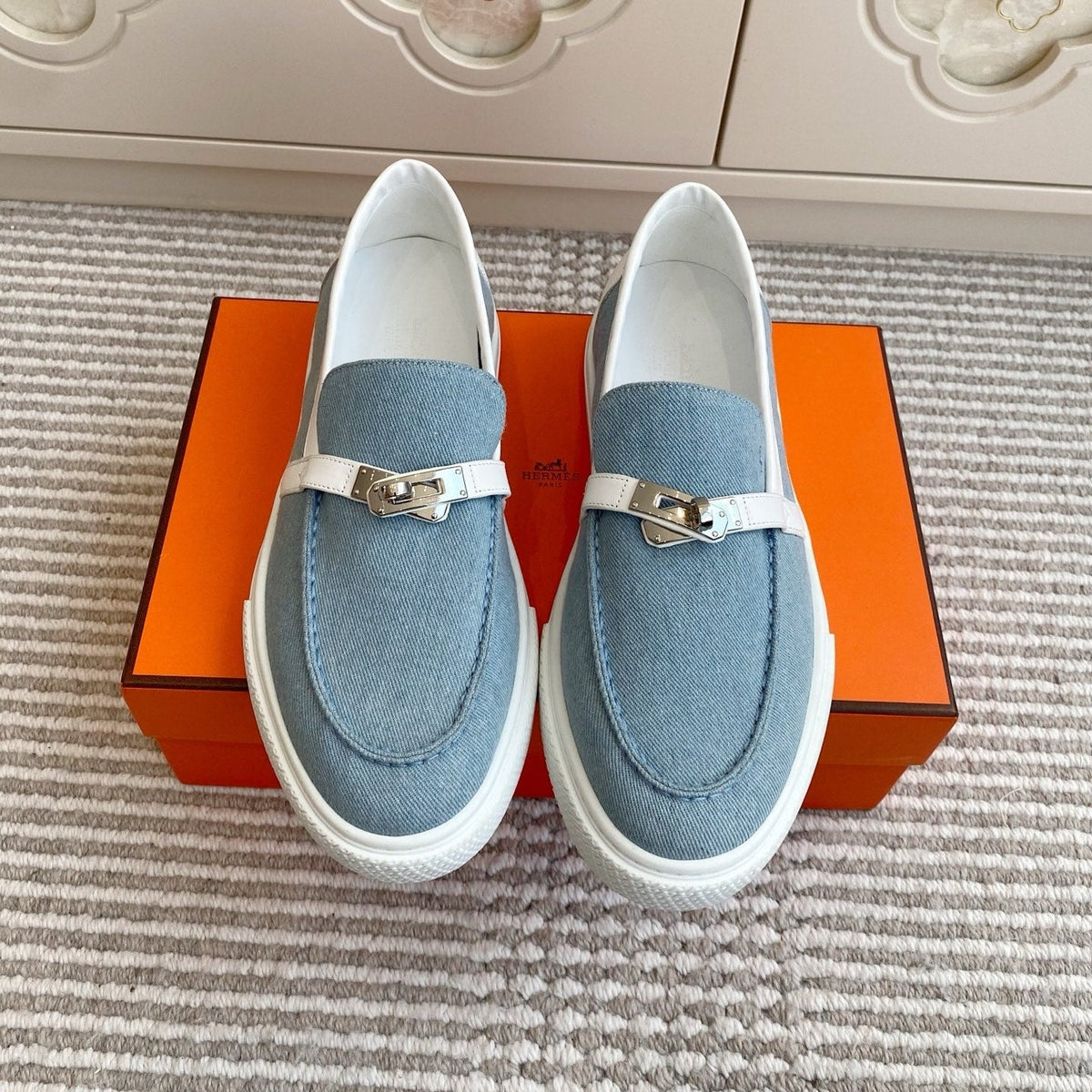 Hermes 25S Slip-On in Sky Blue Canvas with Silver Hardware