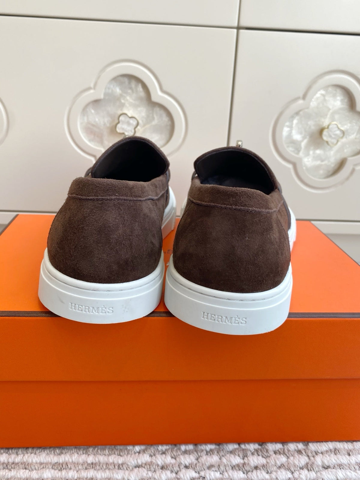 Hermes 25S Slip-On in Dark Brown Suede with Silver Hardware