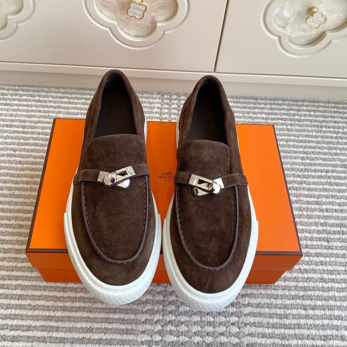 Hermes 25S Slip-On in Dark Brown Suede with Silver Hardware