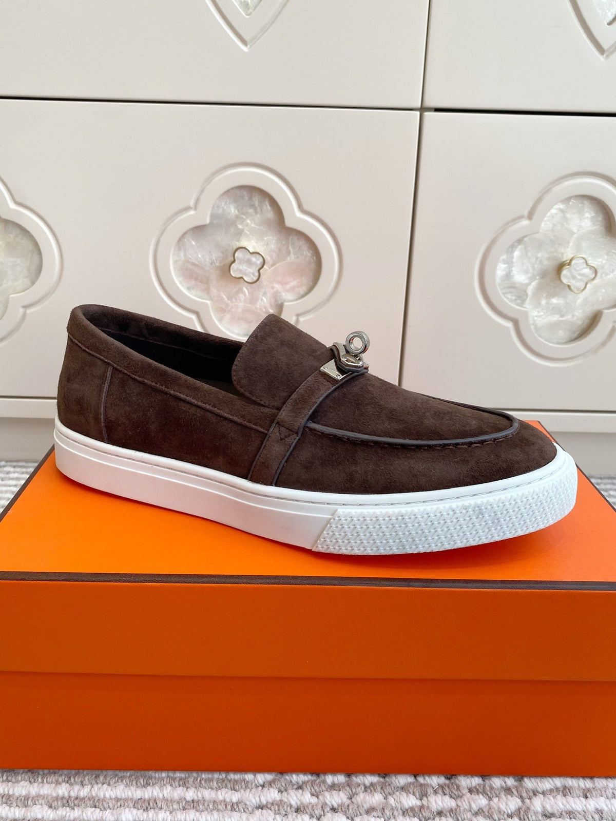 Hermes 25S Slip-On in Dark Brown Suede with Silver Hardware