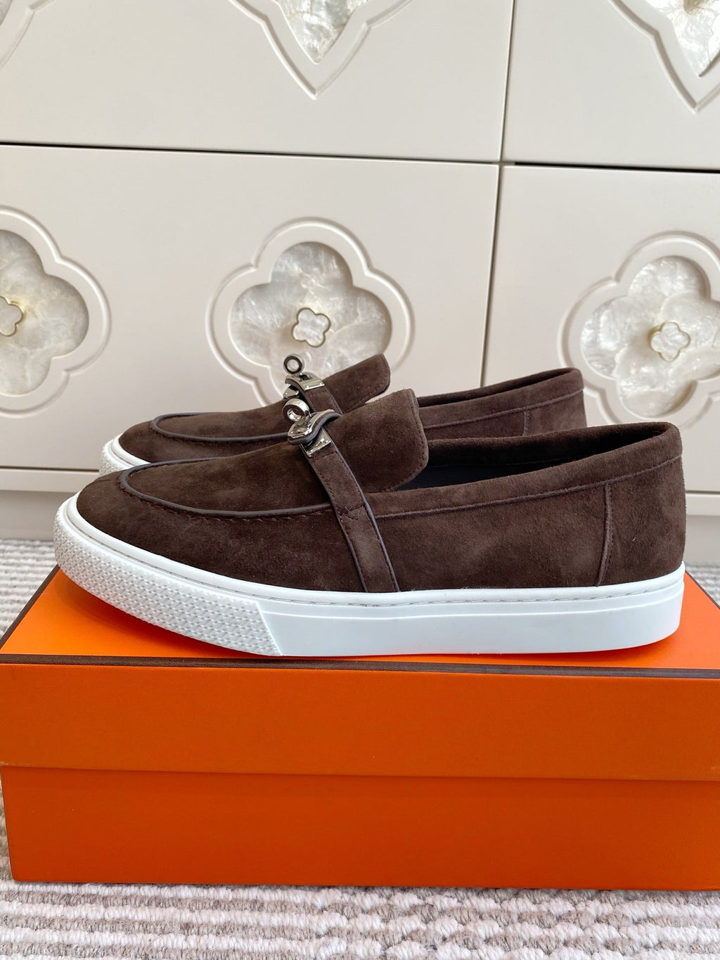 Hermes 25S Slip-On in Dark Brown Suede with Silver Hardware