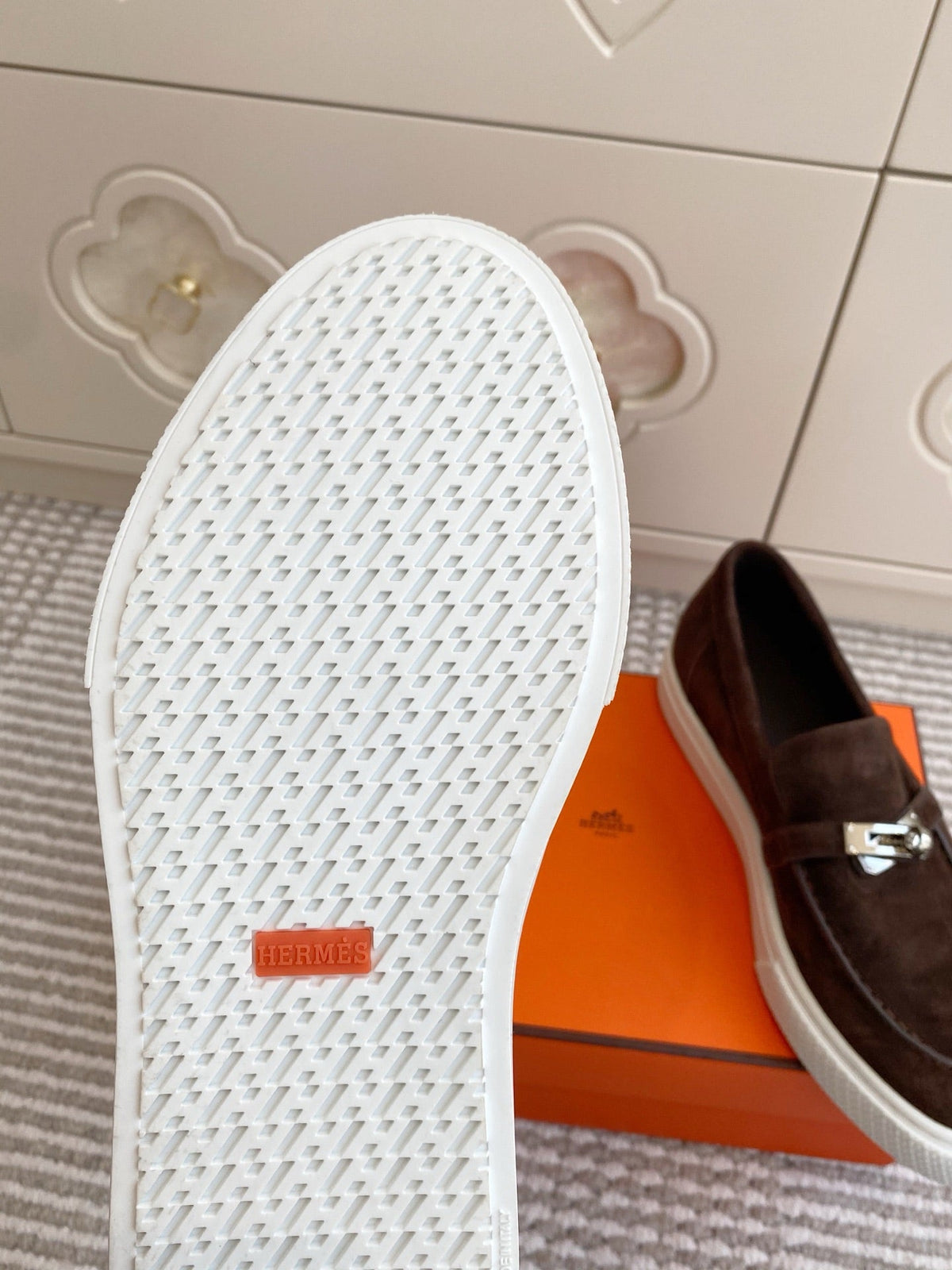 Hermes 25S Slip-On in Dark Brown Suede with Silver Hardware