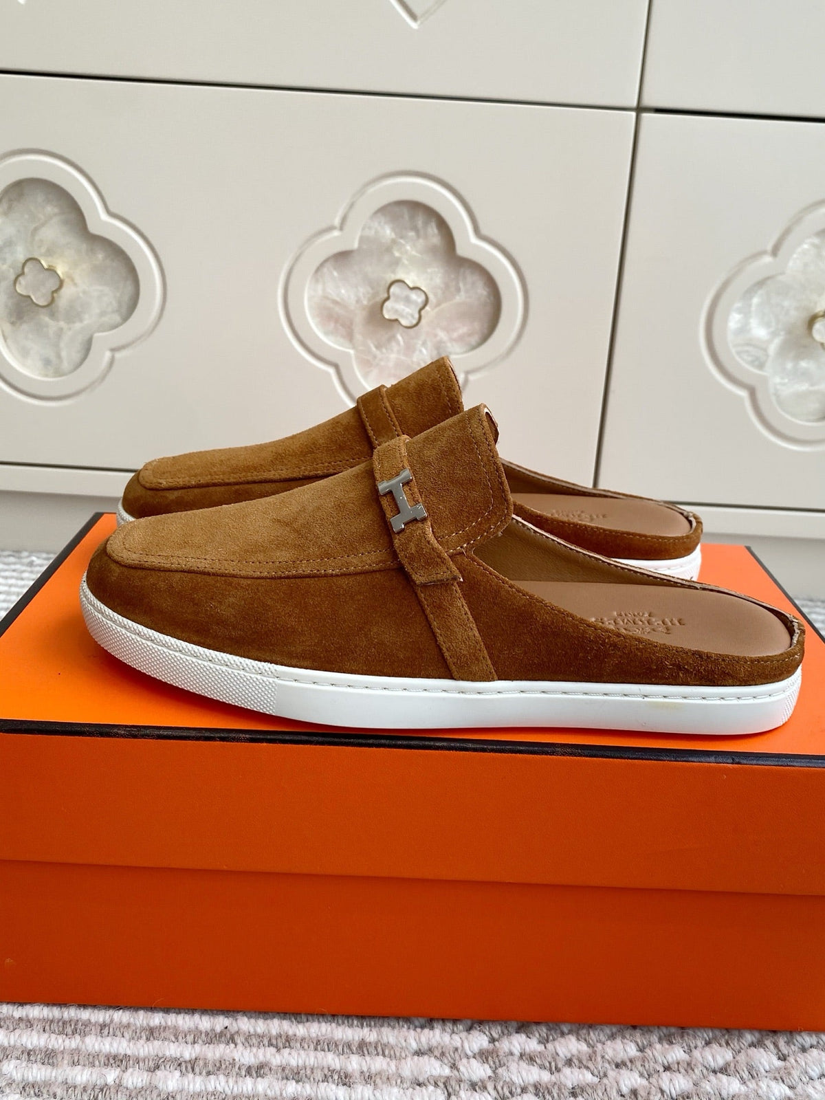 Hermes 25S Mules in Brown Suede with Silver Hardware