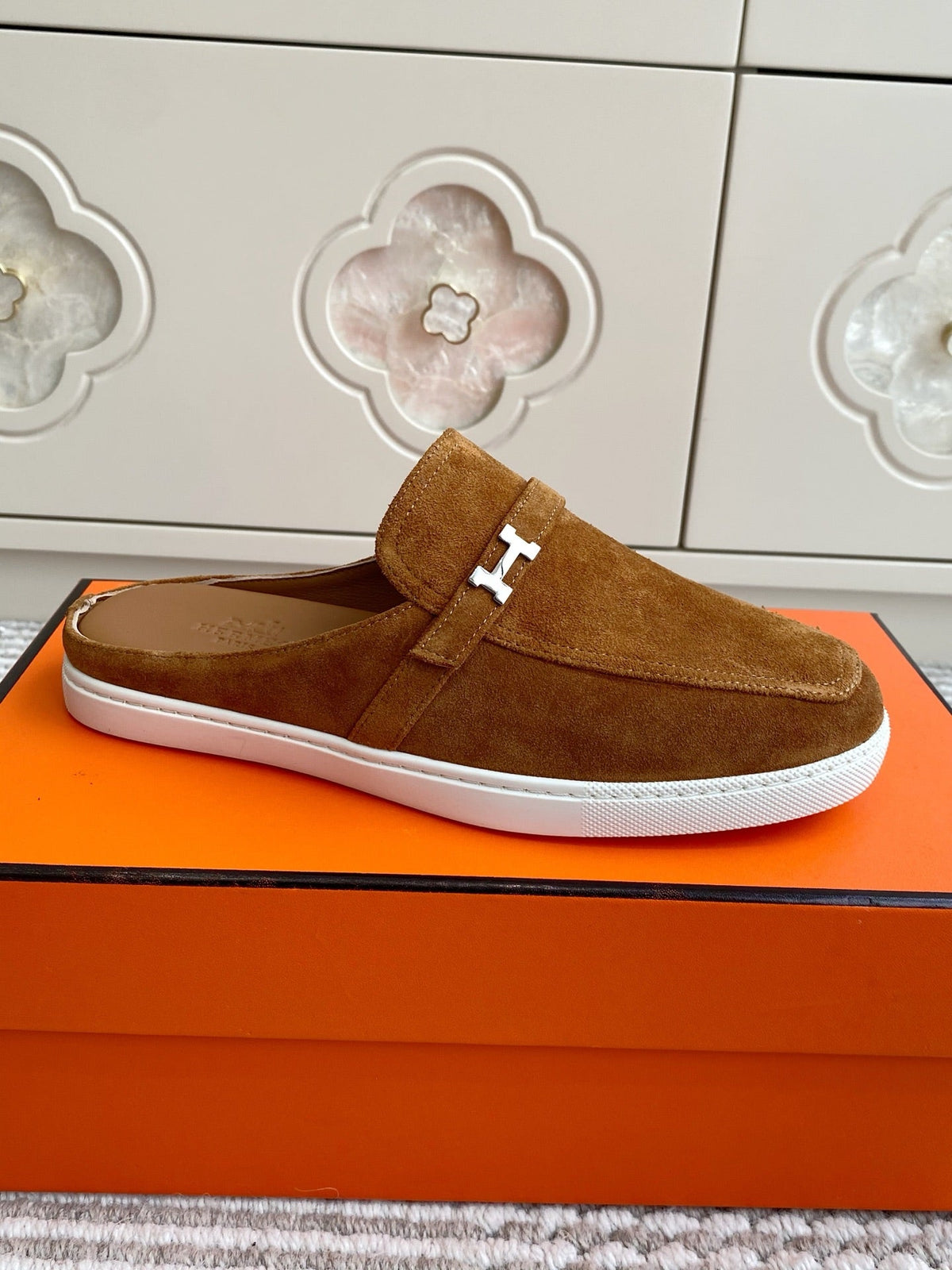 Hermes 25S Mules in Brown Suede with Silver Hardware